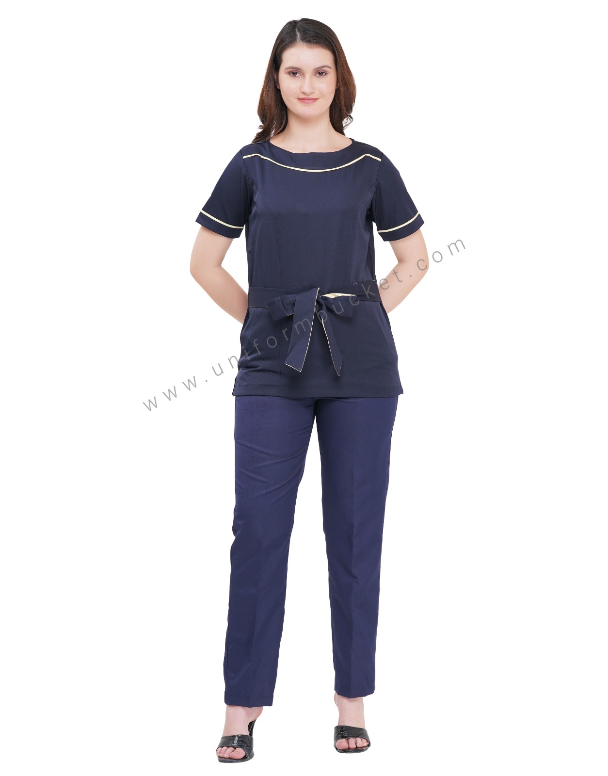 NAVY BLUE FEMALE STYLISH TOP WITH PISTA TRIM BELT thumbnail 2